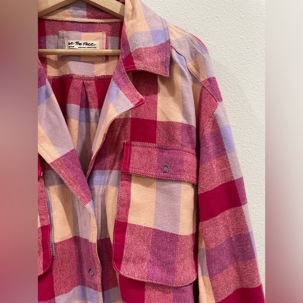 Free People We The Free Izzie Button Up Oversized Shirt Pink Plaid Medium - Picture 7 of 12